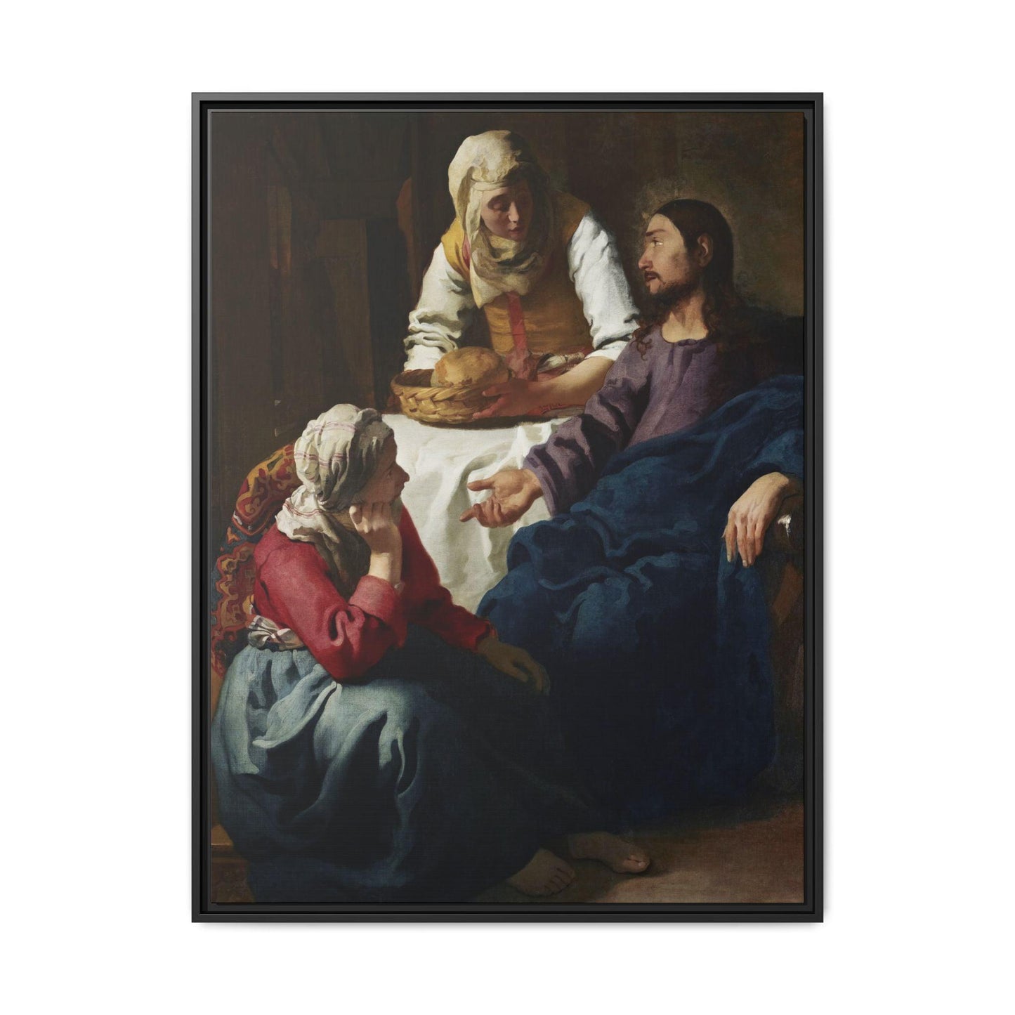 Johannes Vermeer Christ in the House of Martha and Mary circa 1654 to1656  Matte Canvas Black Framed