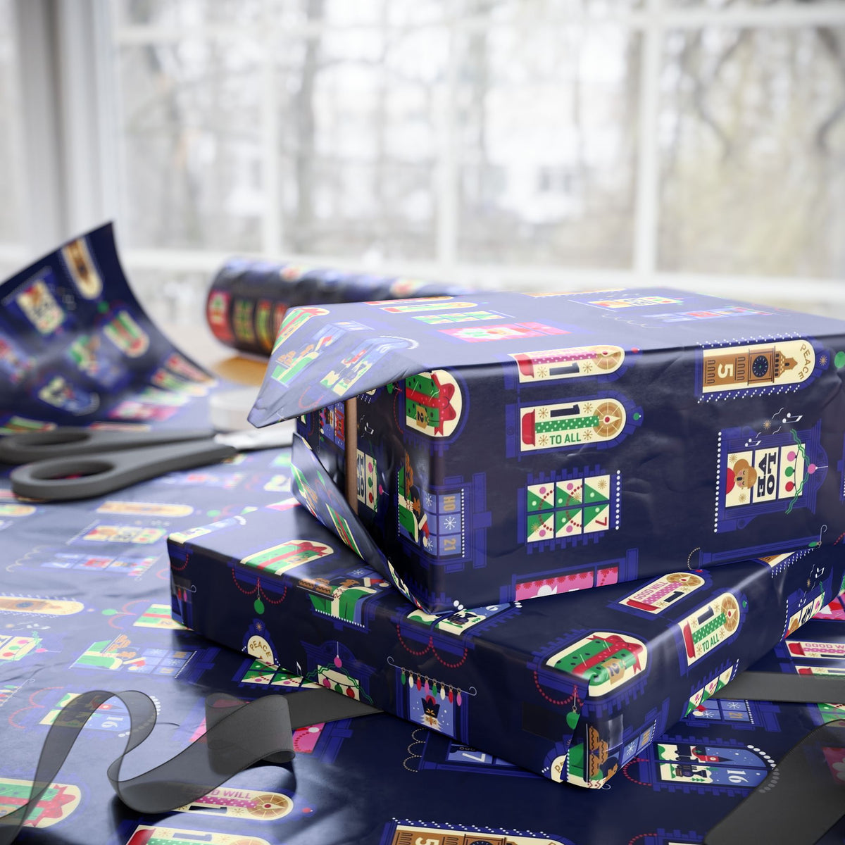 Nutcracker & Festive Windows Midnight Christmas Wrapping Paper