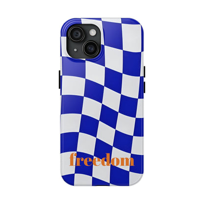 Phone Cases - Blue and White Wavy Check Design with Freedom in Orange