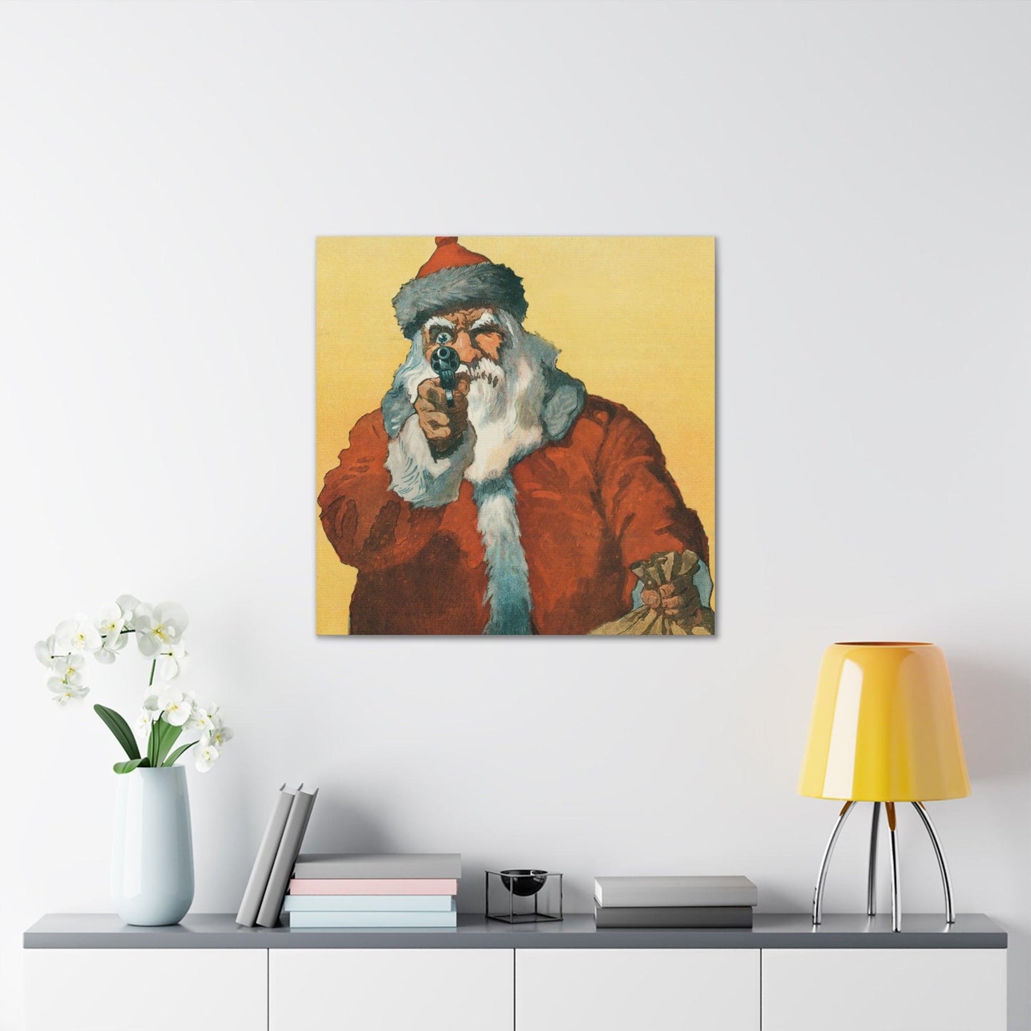 Hands up! Photomechanical Print Showing a Santa Claus Pointing a Handgun (1912) by Will Crawford - Canvas Gallery Wraps