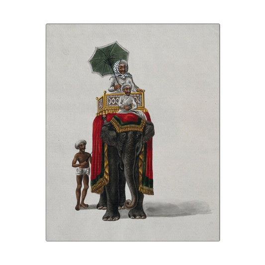 A wealthy man holding an umbrella sitting on the back of a rug draped Indian elephant Gouache painting on a Matte Canvas Stretched 0.75