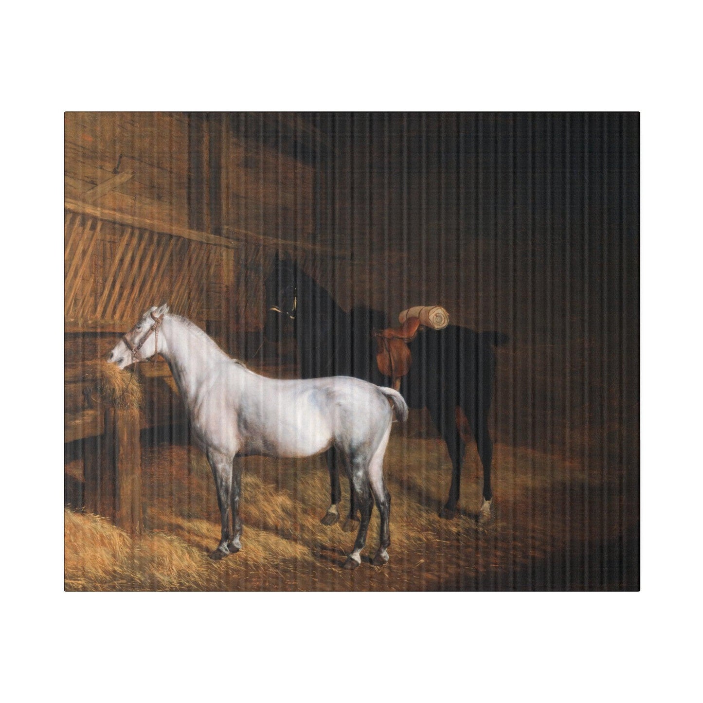 A Grey Pony and a Black Charger in a Stable 1804 painting by Jacques Laurent Agasse  Matte Canvas Stretched 0.75