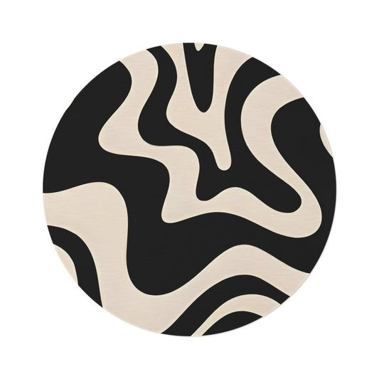 Retro Swirl Waves Rug - Beige and Black Round Rug