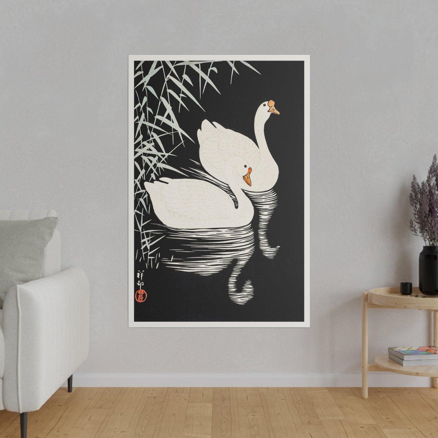 White Chinese Geese Swimming by Reeds by (1928) Ohara Koson - Matte Canvas, Stretched, 0.75"