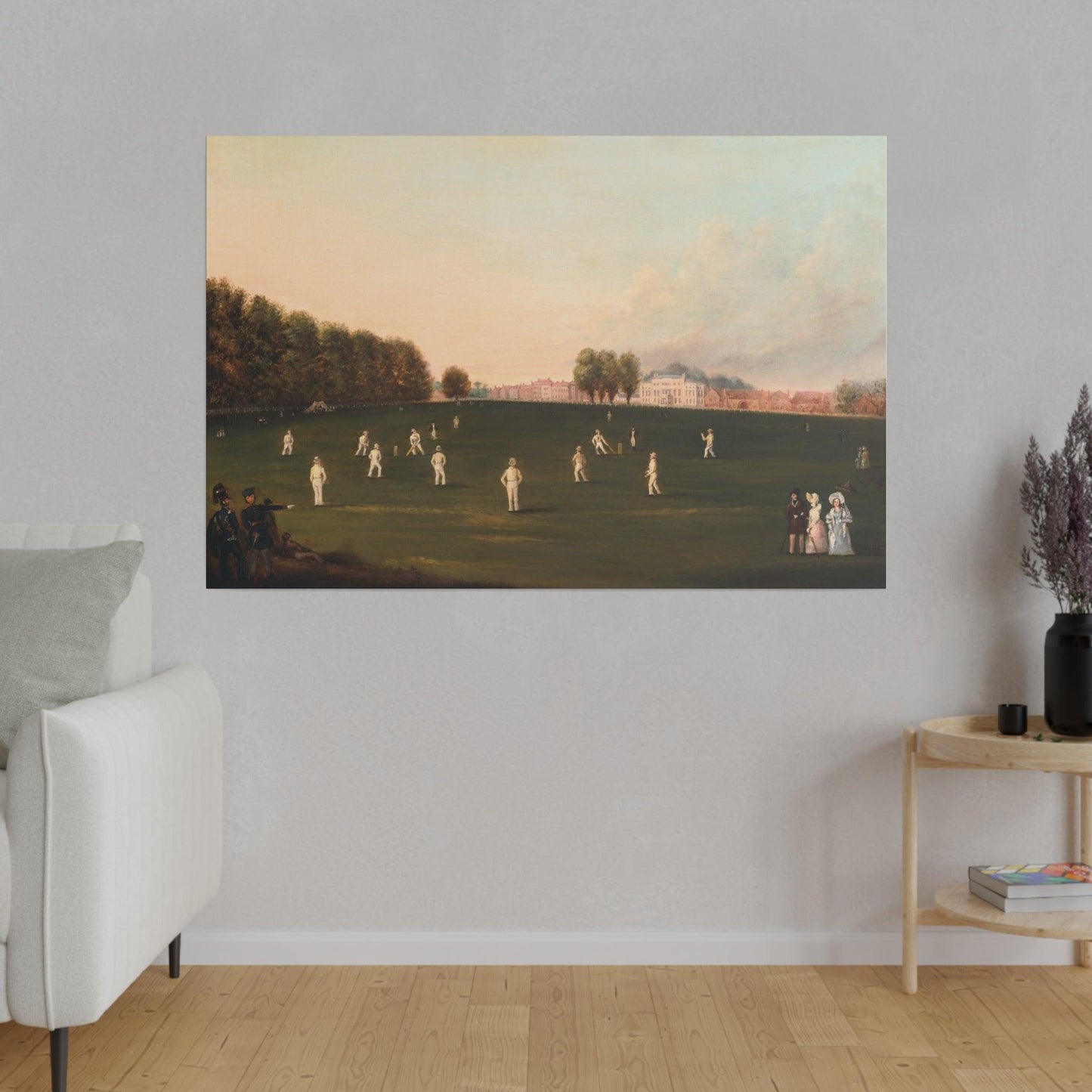 First Grand Match of Cricket Played by Members of the Royal Society on Hampton Court painting by HJ Aveling on a Matte Canvas Stretched 0.75