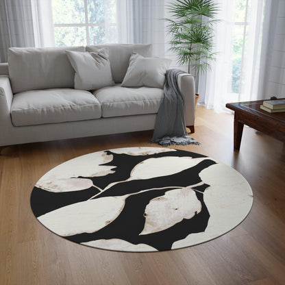 Abstract Botanical Black and Beige Round Rug