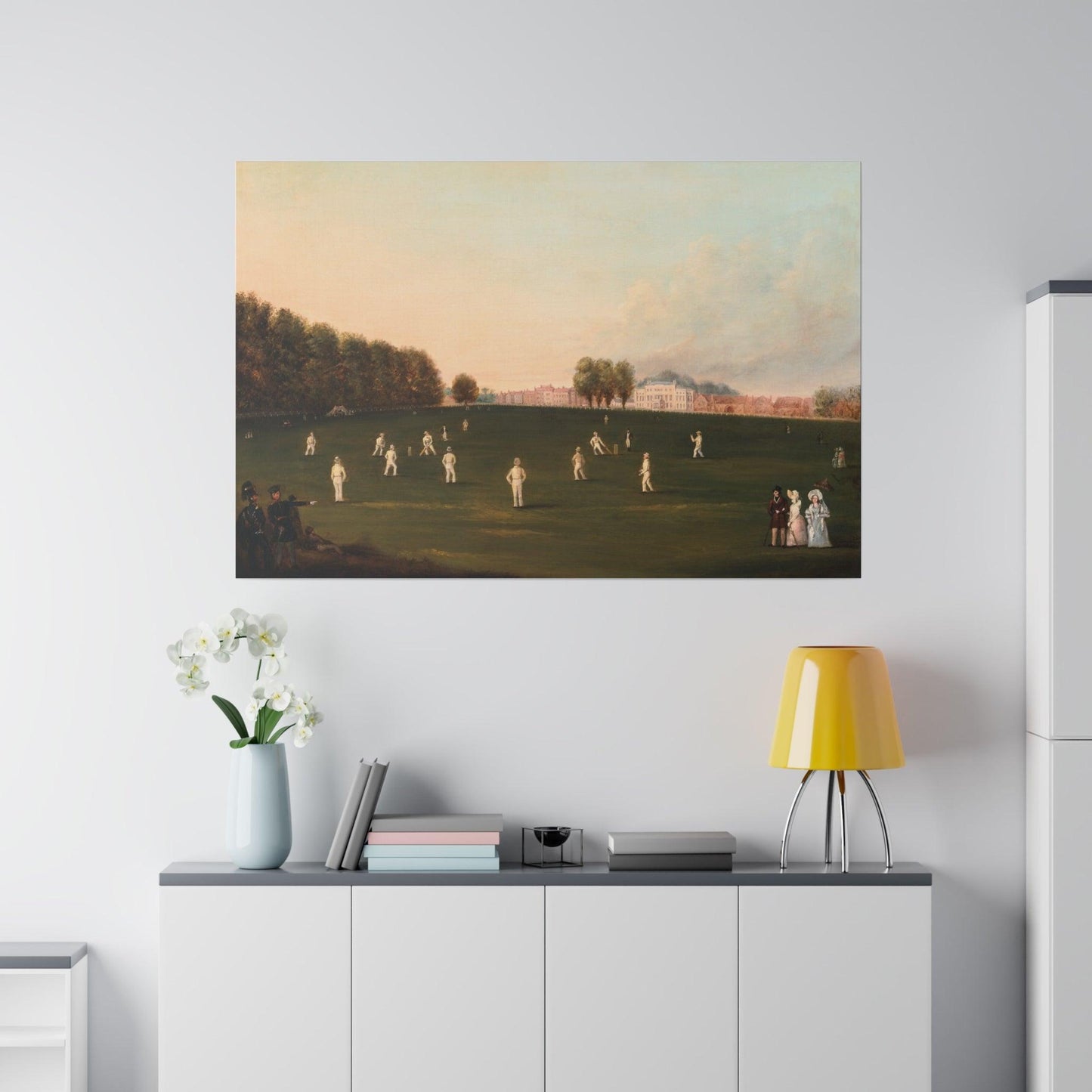 First Grand Match of Cricket Played by Members of the Royal Society on Hampton Court painting by HJ Aveling on a Matte Canvas Stretched 0.75