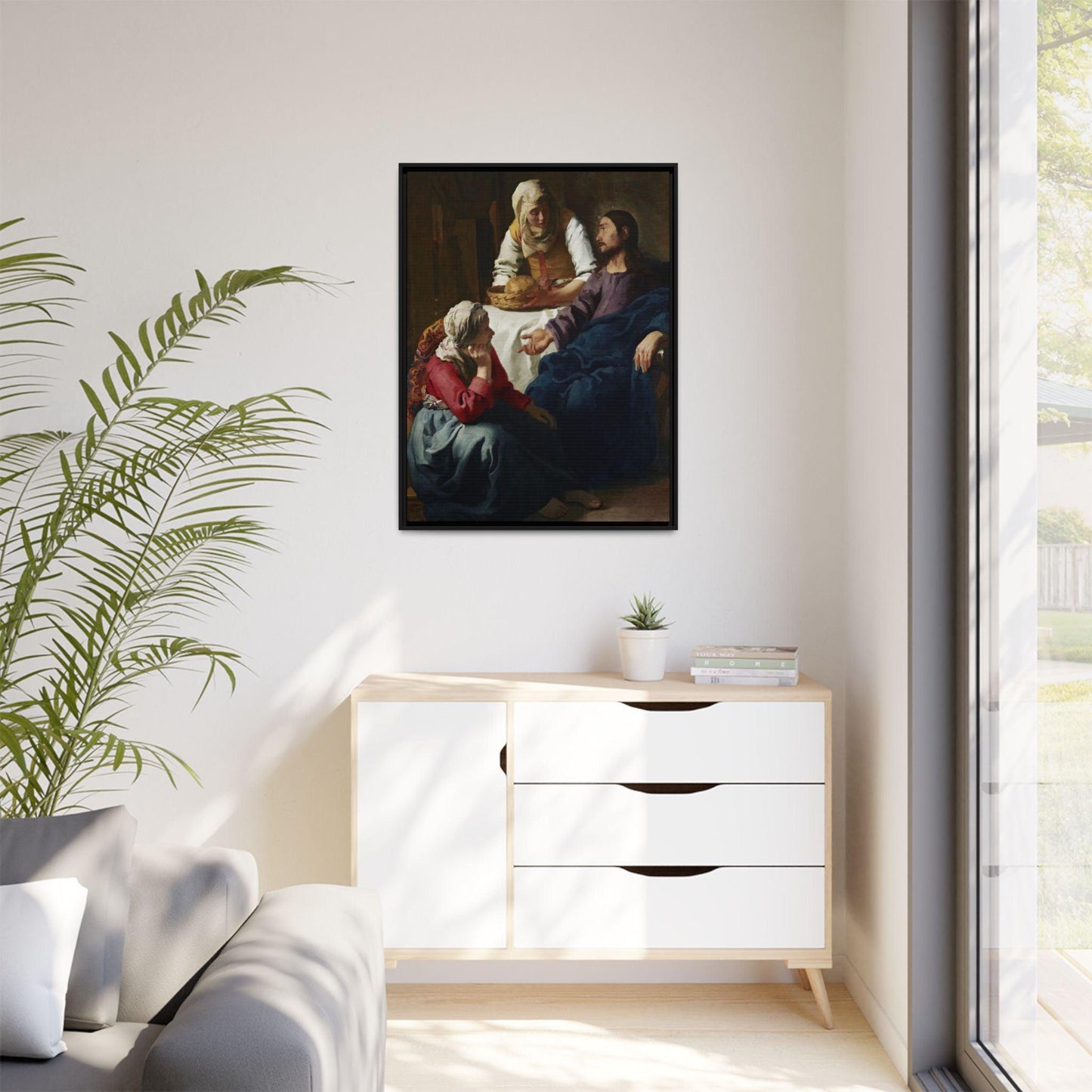 Johannes Vermeer Christ in the House of Martha and Mary circa 1654 to1656  Matte Canvas Black Framed