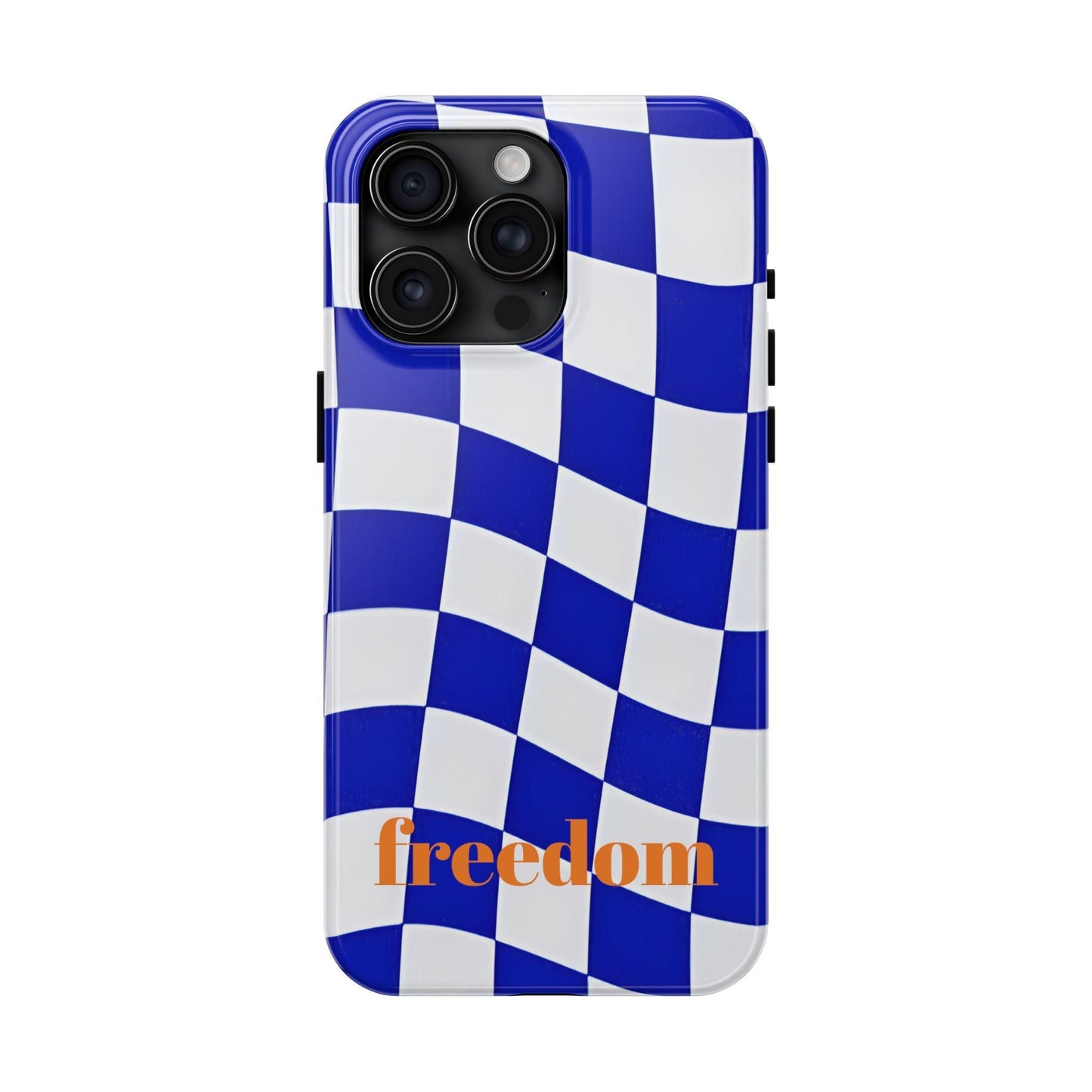 Phone Cases - Blue and White Wavy Check Design with Freedom in Orange