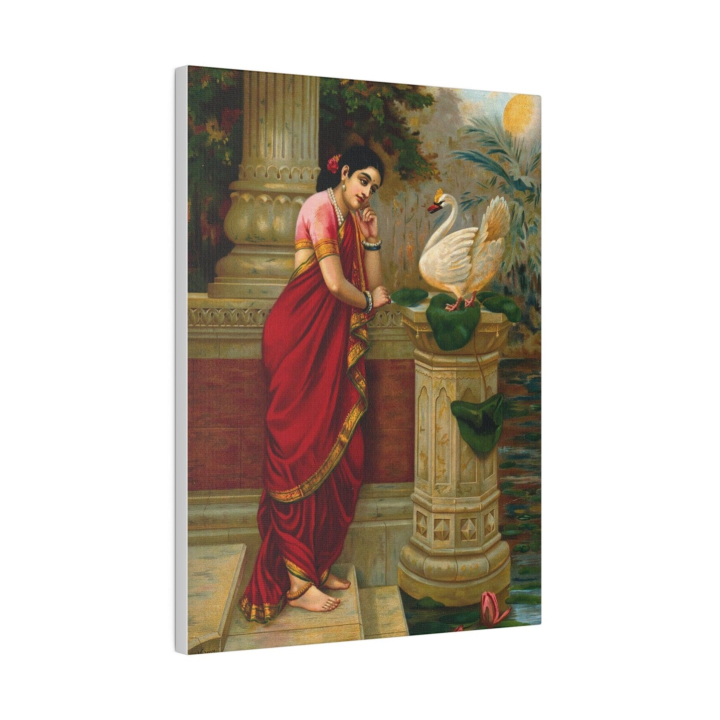 A swan telling Damayanti of Nala's love Chromolithograph by R Varma  on a Matte Canvas Stretched 0.75