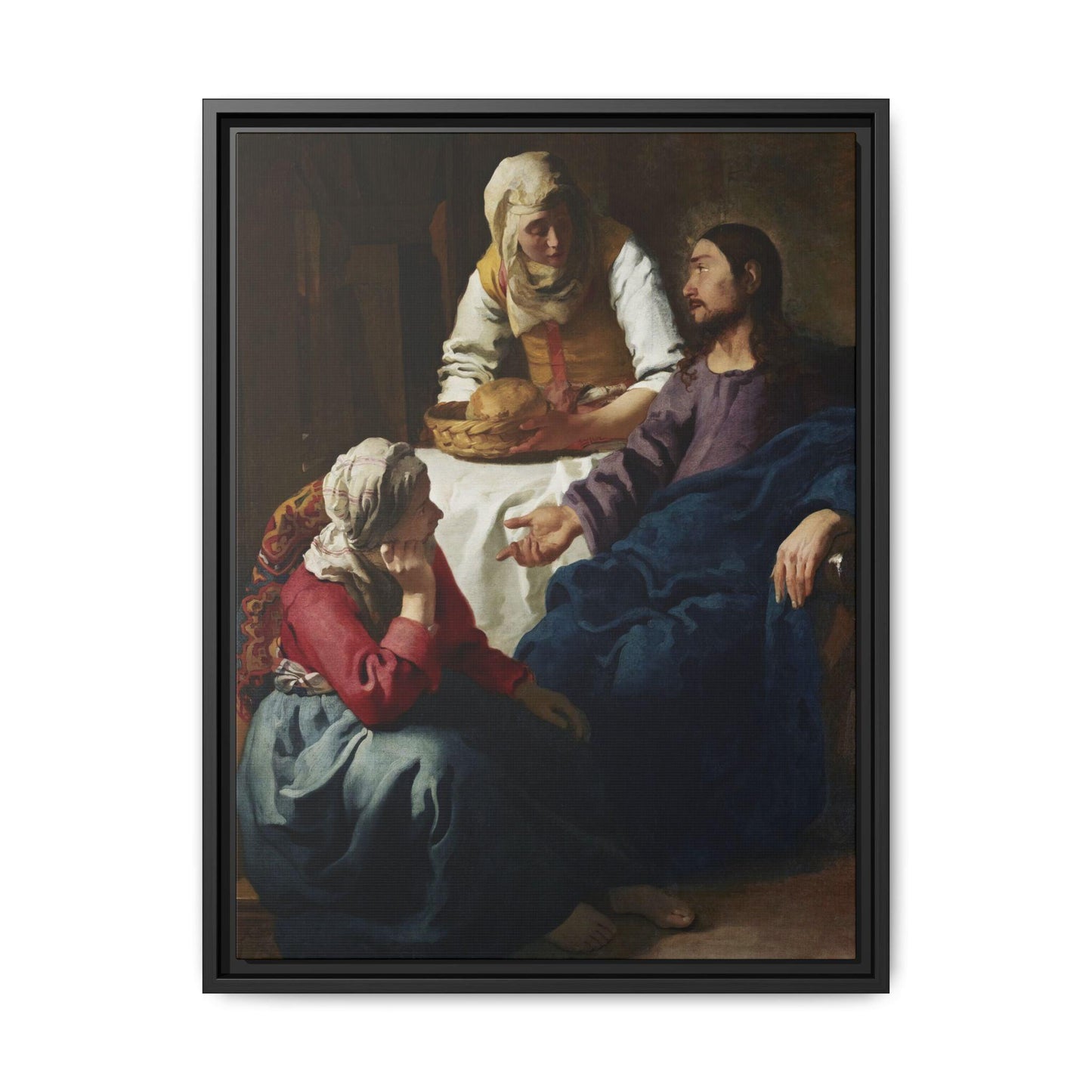 Johannes Vermeer Christ in the House of Martha and Mary circa 1654 to1656  Matte Canvas Black Framed