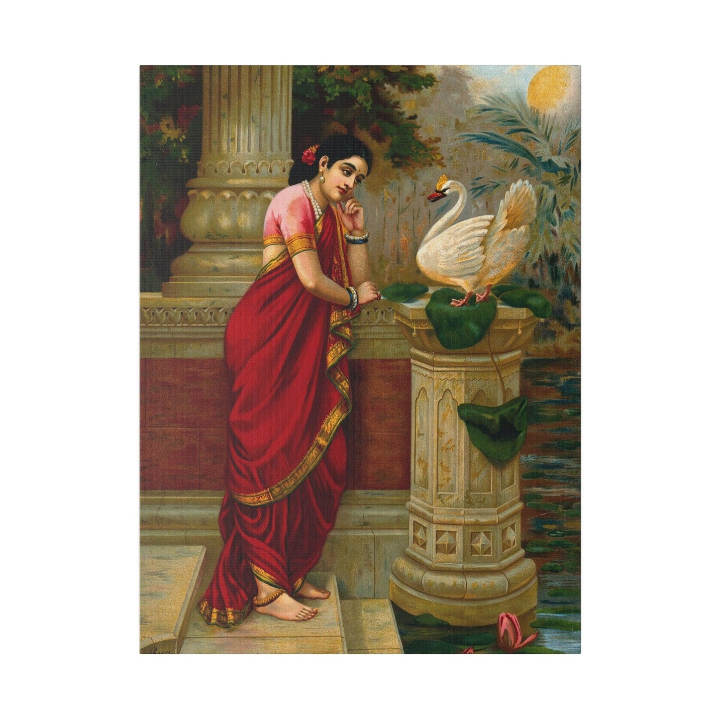 A swan telling Damayanti of Nala's love Chromolithograph by R Varma  on a Matte Canvas Stretched 0.75