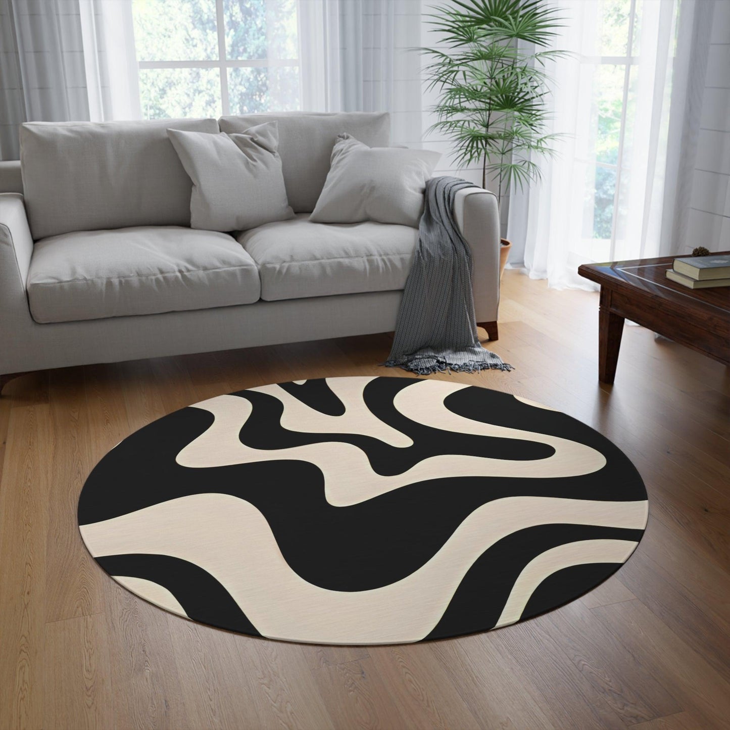 Retro Swirl Waves Rug - Beige and Black Round Rug