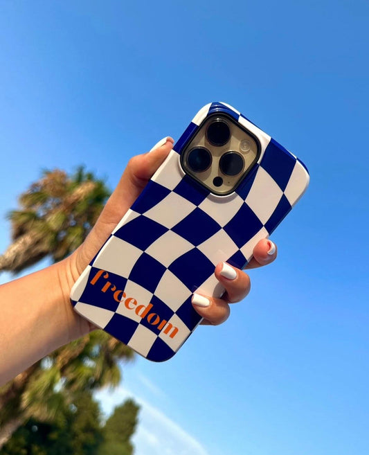 Phone Cases - Blue and White Wavy Check Design with Freedom in Orange