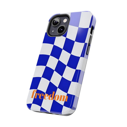 Phone Cases - Blue and White Wavy Check Design with Freedom in Orange