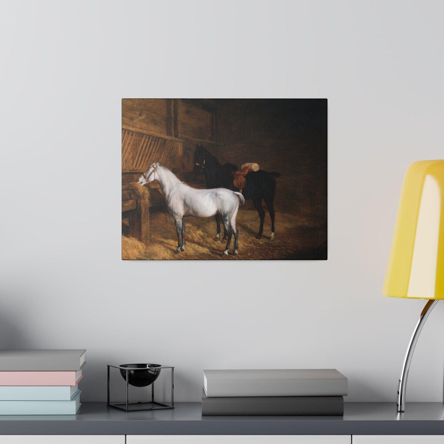 A Grey Pony and a Black Charger in a Stable 1804 painting by Jacques Laurent Agasse  Matte Canvas Stretched 0.75