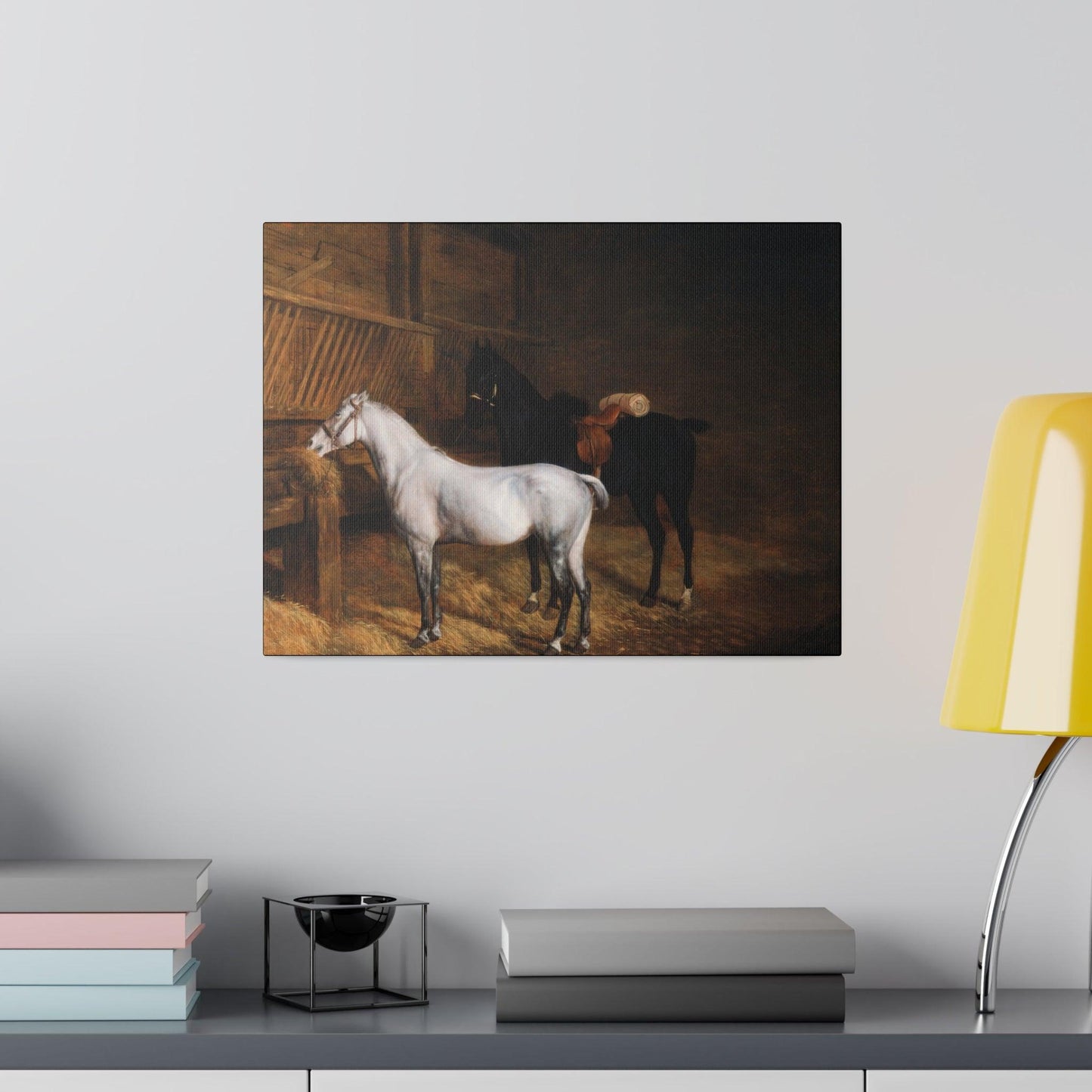 A Grey Pony and a Black Charger in a Stable 1804 painting by Jacques Laurent Agasse  Matte Canvas Stretched 0.75