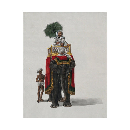 A wealthy man holding an umbrella sitting on the back of a rug draped Indian elephant Gouache painting on a Matte Canvas Stretched 0.75