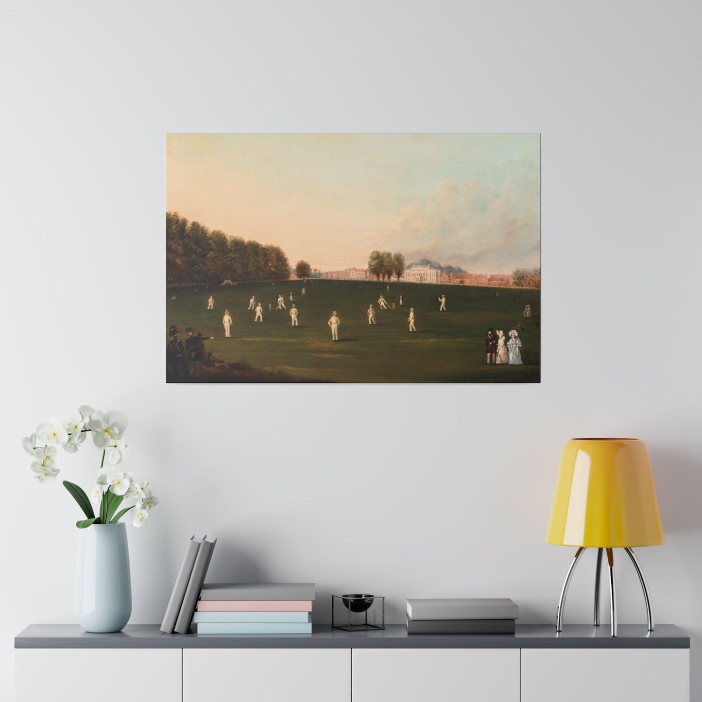 First Grand Match of Cricket Played by Members of the Royal Society on Hampton Court painting by HJ Aveling on a Matte Canvas Stretched 0.75