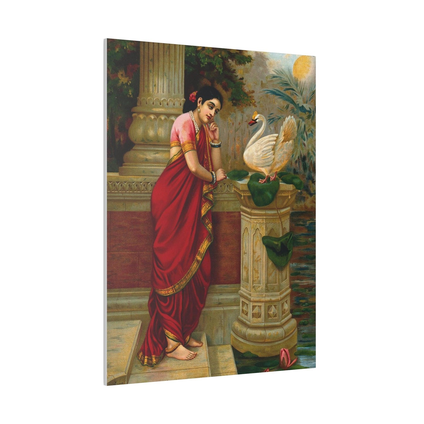 A swan telling Damayanti of Nala's love Chromolithograph by R Varma  on a Matte Canvas Stretched 0.75