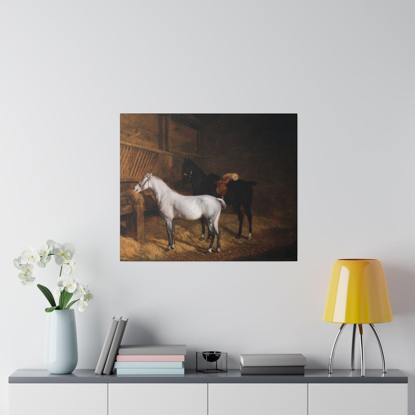 A Grey Pony and a Black Charger in a Stable 1804 painting by Jacques Laurent Agasse  Matte Canvas Stretched 0.75