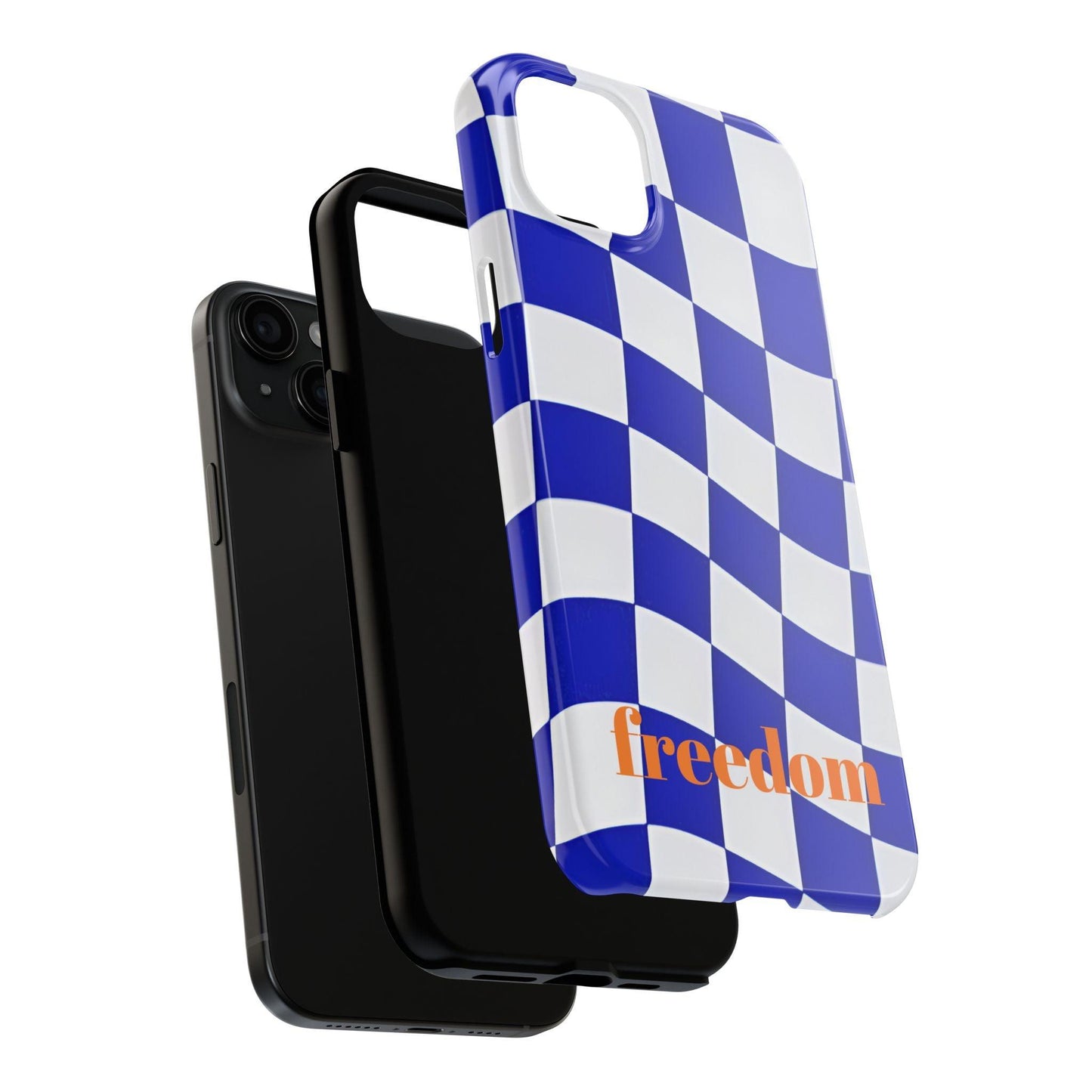 Phone Cases - Blue and White Wavy Check Design with Freedom in Orange