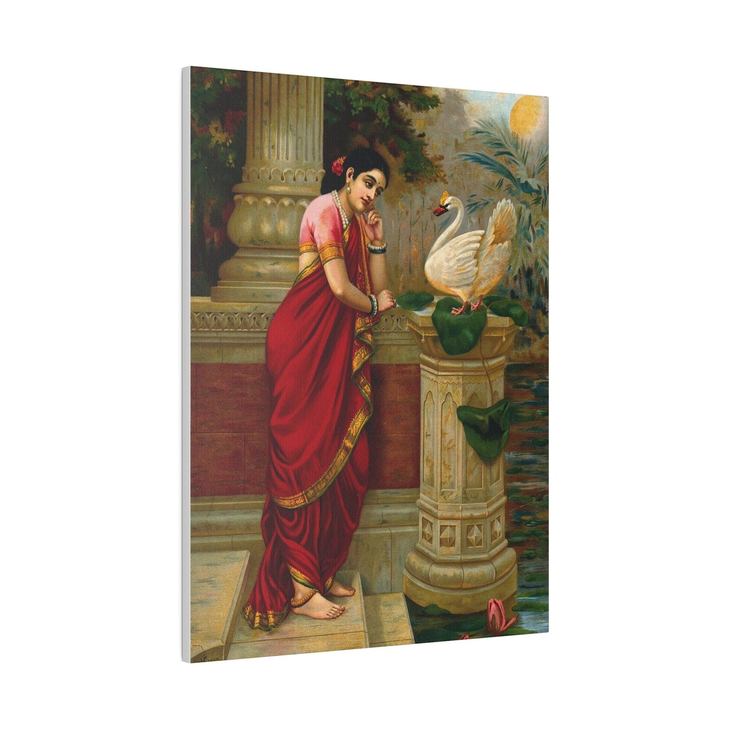 A swan telling Damayanti of Nala's love Chromolithograph by R Varma  on a Matte Canvas Stretched 0.75