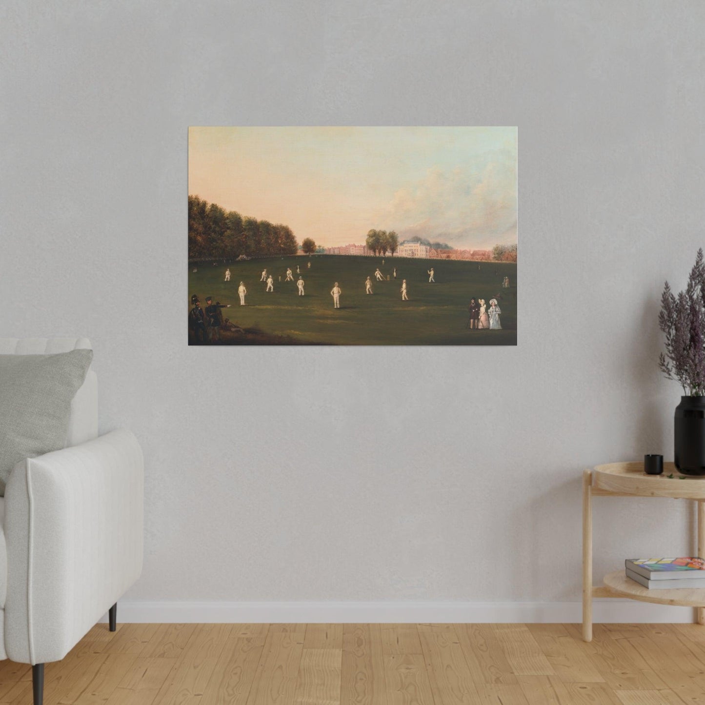 First Grand Match of Cricket Played by Members of the Royal Society on Hampton Court painting by HJ Aveling on a Matte Canvas Stretched 0.75