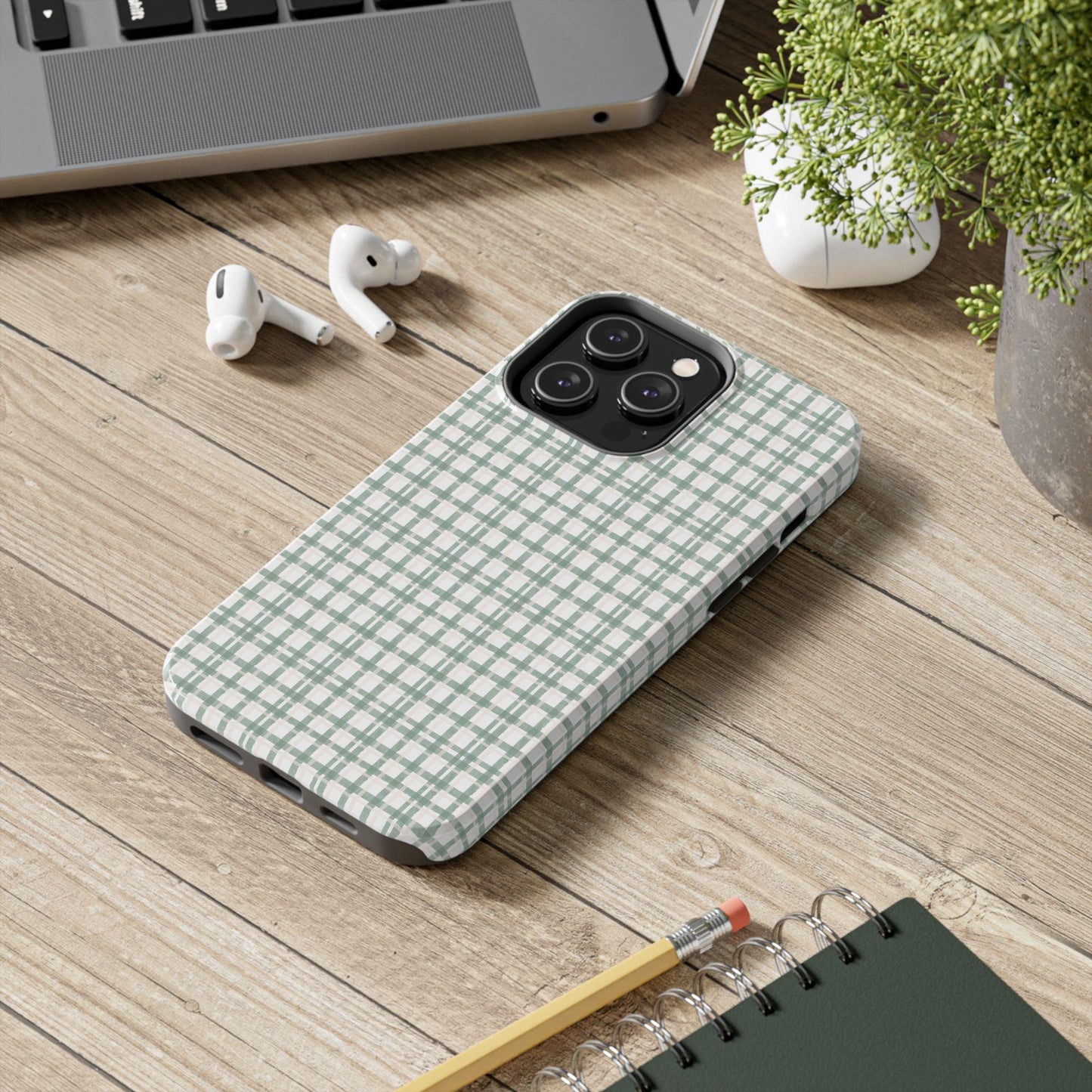 Vintage Sage Gingham Tough iPhone Cases