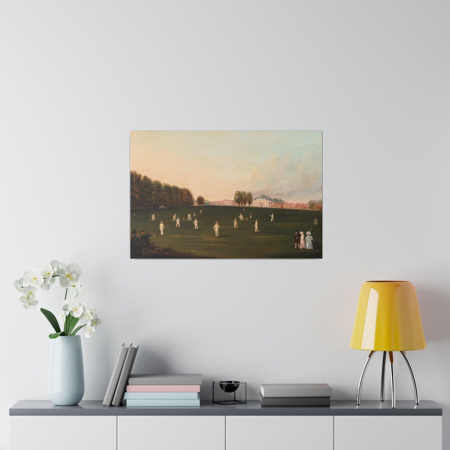 First Grand Match of Cricket Played by Members of the Royal Society on Hampton Court painting by HJ Aveling on a Matte Canvas Stretched 0.75