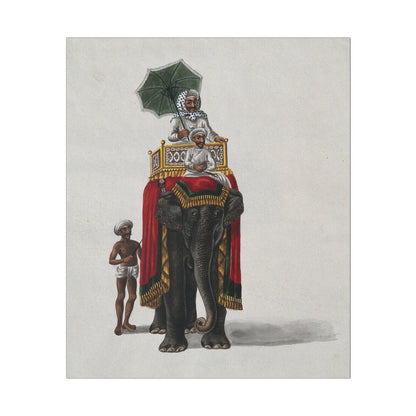 A wealthy man holding an umbrella sitting on the back of a rug draped Indian elephant Gouache painting on a Matte Canvas Stretched 0.75