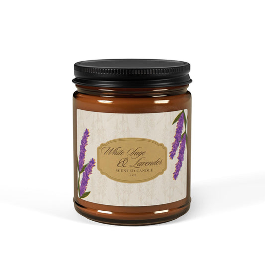 White Sage & Lavender - Luxury Scented Soy Candle (9 oz, Amber Jar)