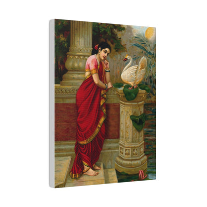 A swan telling Damayanti of Nala's love Chromolithograph by R Varma  on a Matte Canvas Stretched 0.75