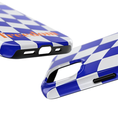 Phone Cases - Blue and White Wavy Check Design with Freedom in Orange