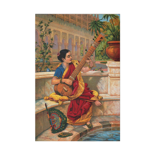 A seated Indian woman plays a sitar next to a garden pond. Chromolithograph after Ravi Varma,1800s - Matte Canvas, Stretched, 0.75"