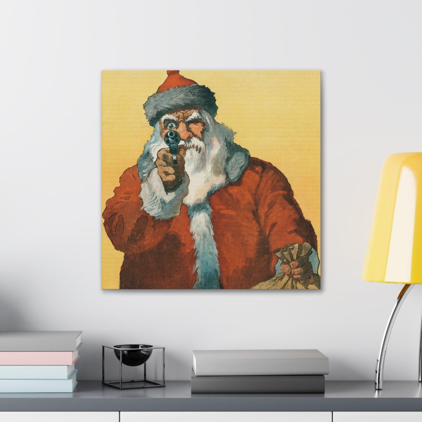 Hands up! Photomechanical Print Showing a Santa Claus Pointing a Handgun (1912) by Will Crawford - Canvas Gallery Wraps