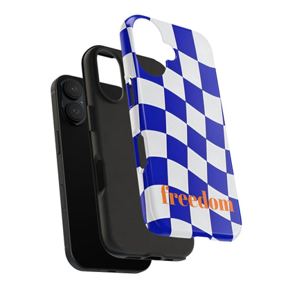 Phone Cases - Blue and White Wavy Check Design with Freedom in Orange