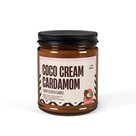 Coco Cream & Cardamom Luxury Scented Soy Candle (9oz, Amber Jar)