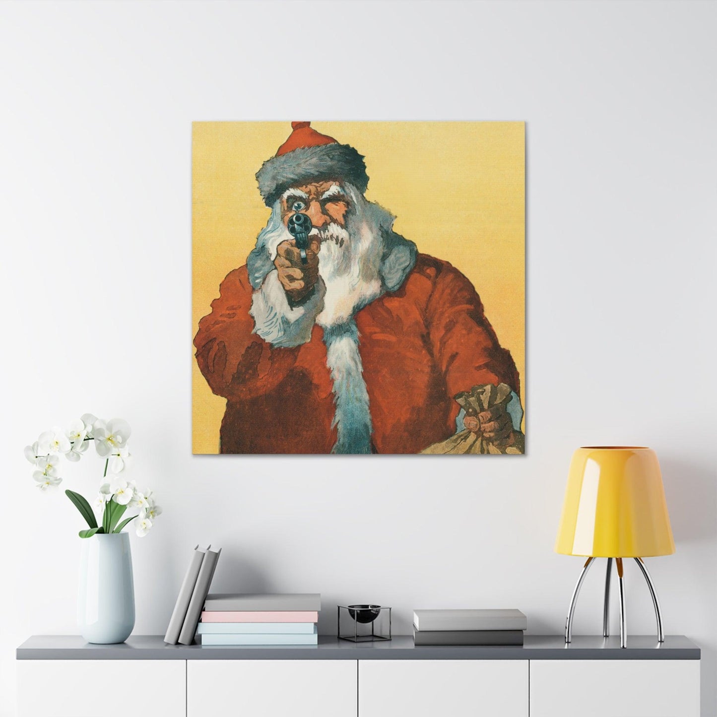 Hands up! Photomechanical Print Showing a Santa Claus Pointing a Handgun (1912) by Will Crawford - Canvas Gallery Wraps