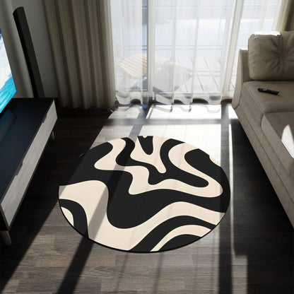 Retro Swirl Waves Rug - Beige and Black Round Rug