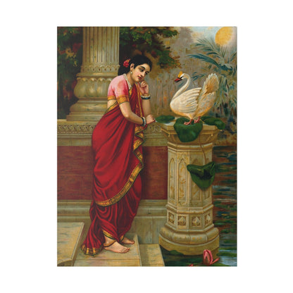 A swan telling Damayanti of Nala's love Chromolithograph by R Varma  on a Matte Canvas Stretched 0.75