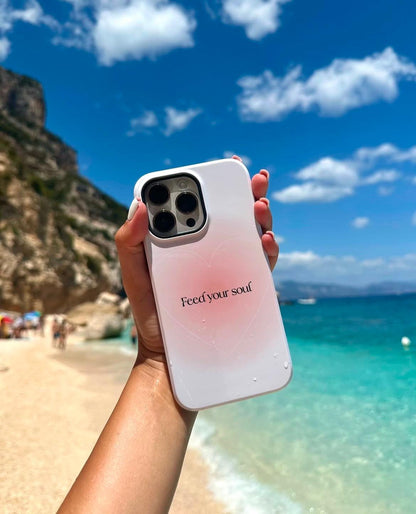 Feed your soul Tough iPhone Cases - Pink Peach Aura Light and White Heart Design - SmartHomeGoodies