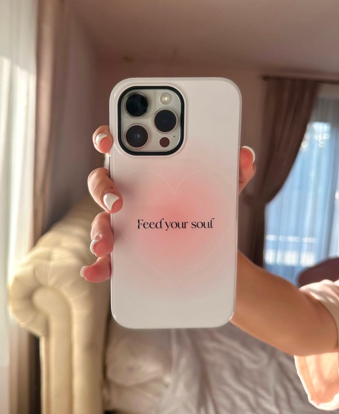 Feed your soul Tough iPhone Cases - Pink Peach Aura Light and White Heart Design - SmartHomeGoodies