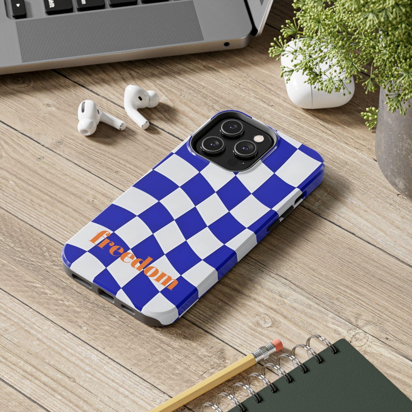 Phone Cases - Blue and White Wavy Check Design with Freedom in Orange - SmartHomeGoodies
