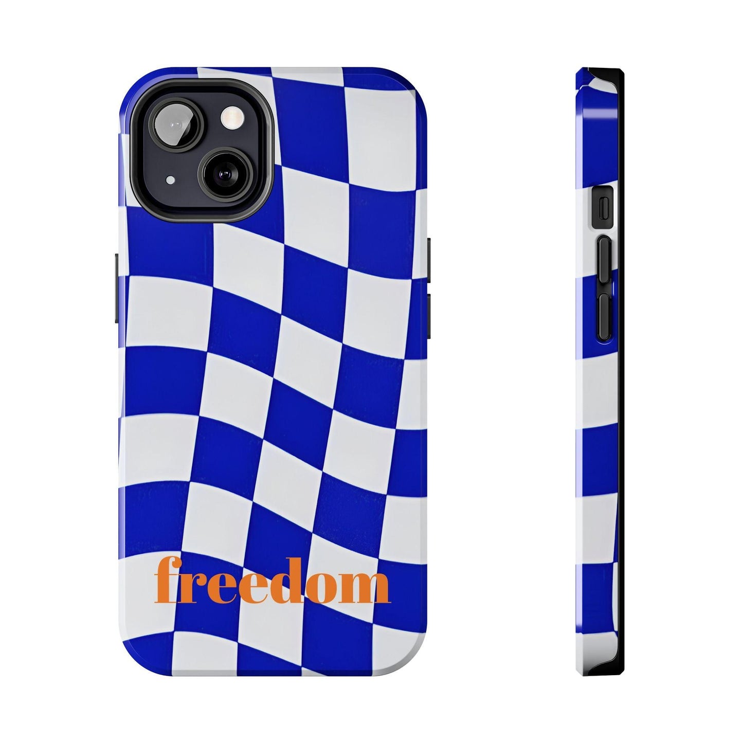 Phone Cases - Blue and White Wavy Check Design with Freedom in Orange - SmartHomeGoodies