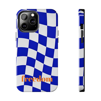 Phone Cases - Blue and White Wavy Check Design with Freedom in Orange - SmartHomeGoodies