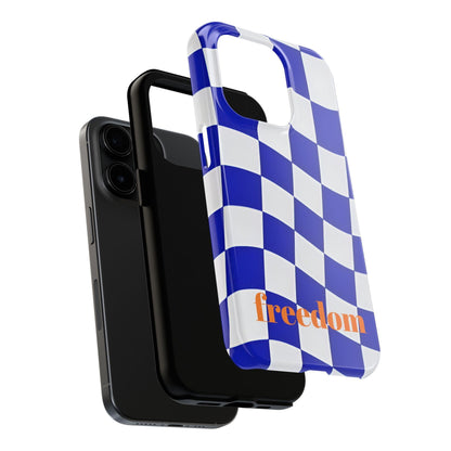 Phone Cases - Blue and White Wavy Check Design with Freedom in Orange - SmartHomeGoodies