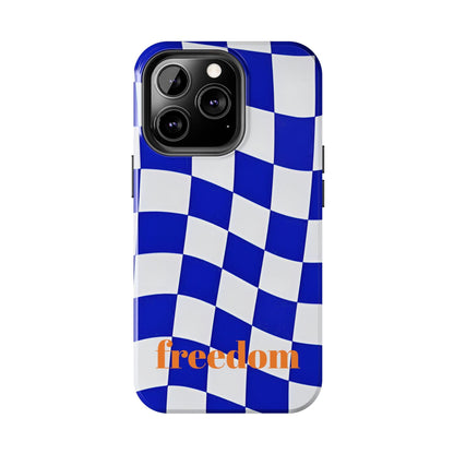 Phone Cases - Blue and White Wavy Check Design with Freedom in Orange - SmartHomeGoodies
