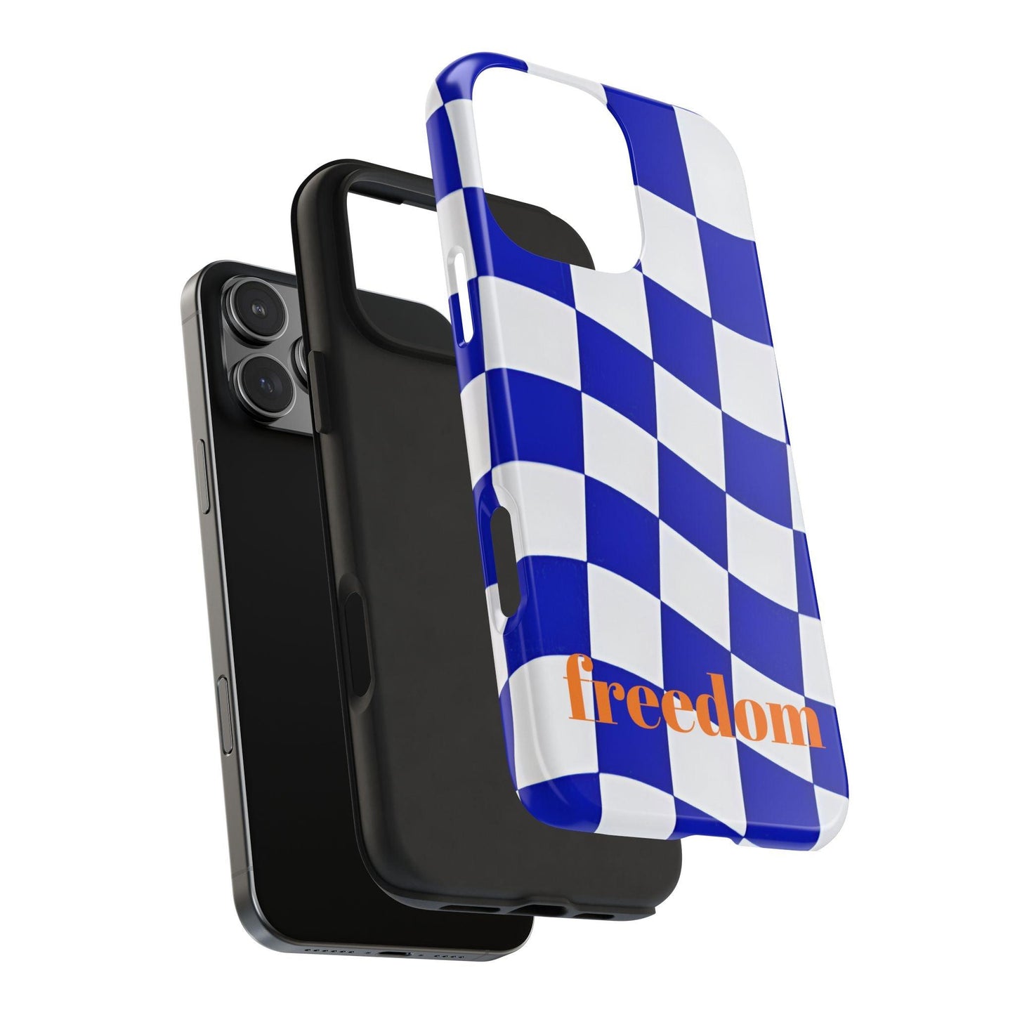 Phone Cases - Blue and White Wavy Check Design with Freedom in Orange - SmartHomeGoodies