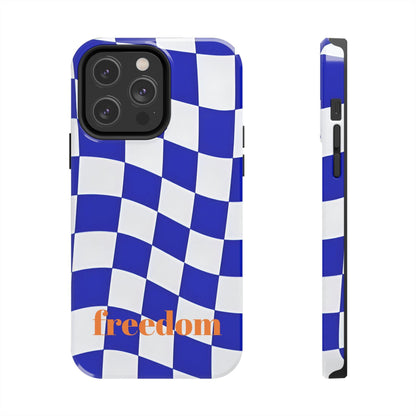 Phone Cases - Blue and White Wavy Check Design with Freedom in Orange - SmartHomeGoodies